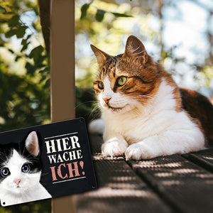 Metallschild mit Katze Motiv und Spruch: Hier wache ich!