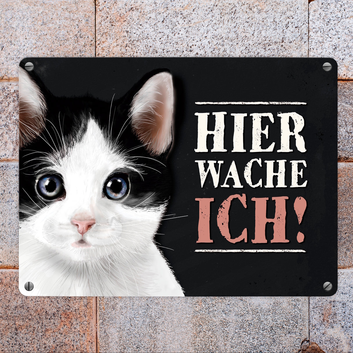 Metallschild mit Katze Motiv und Spruch: Hier wache ich!