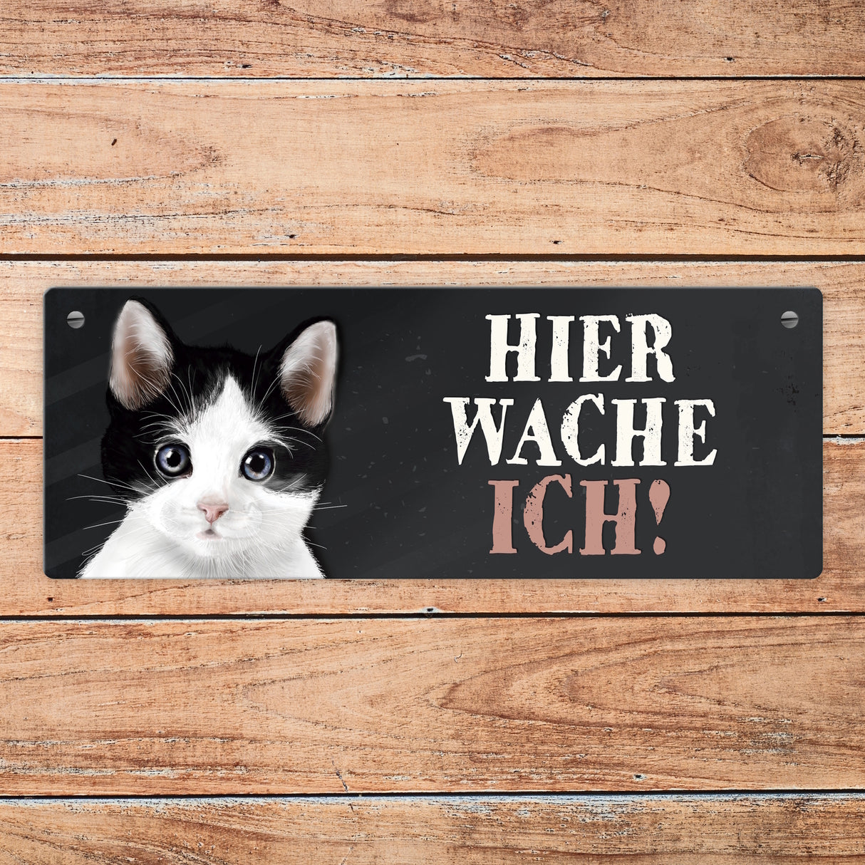 Metallschild mit Katze Motiv und Spruch: Hier wache ich!