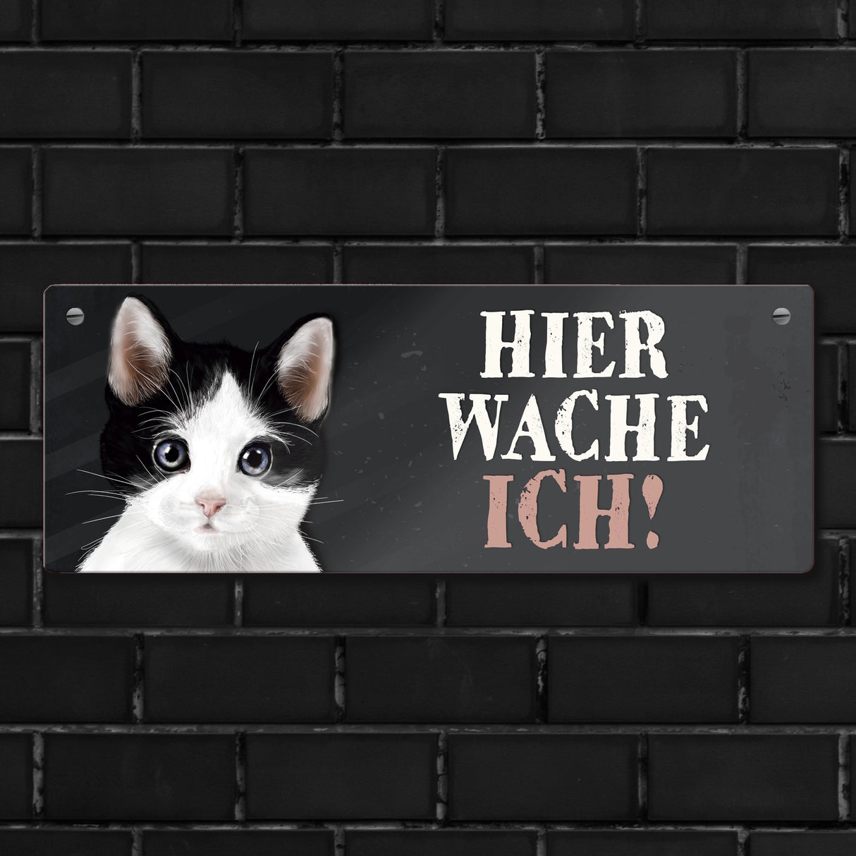 Metallschild mit Katze Motiv und Spruch: Hier wache ich!