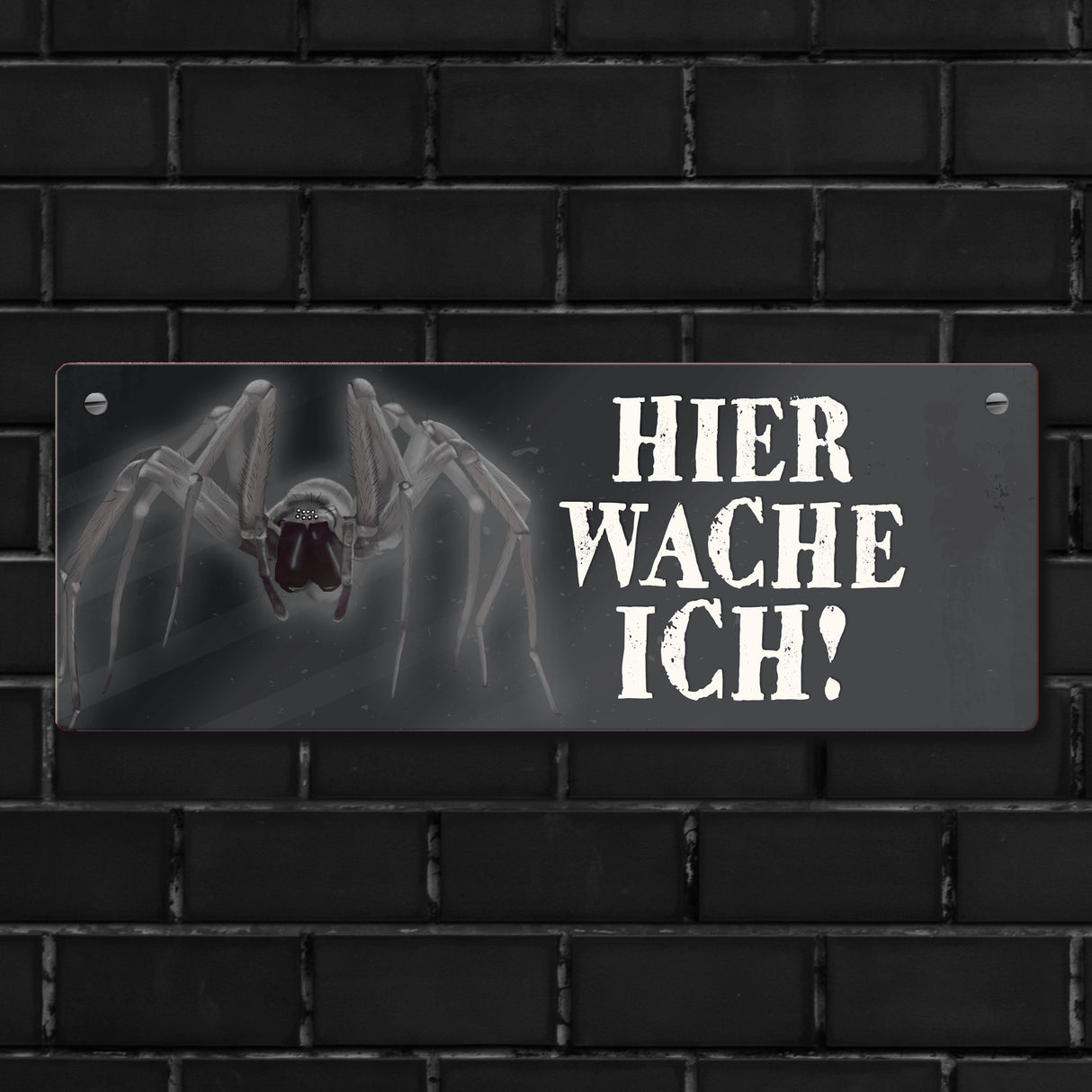 Metallschild mit Spinne Motiv und Spruch: Hier wache ich!
