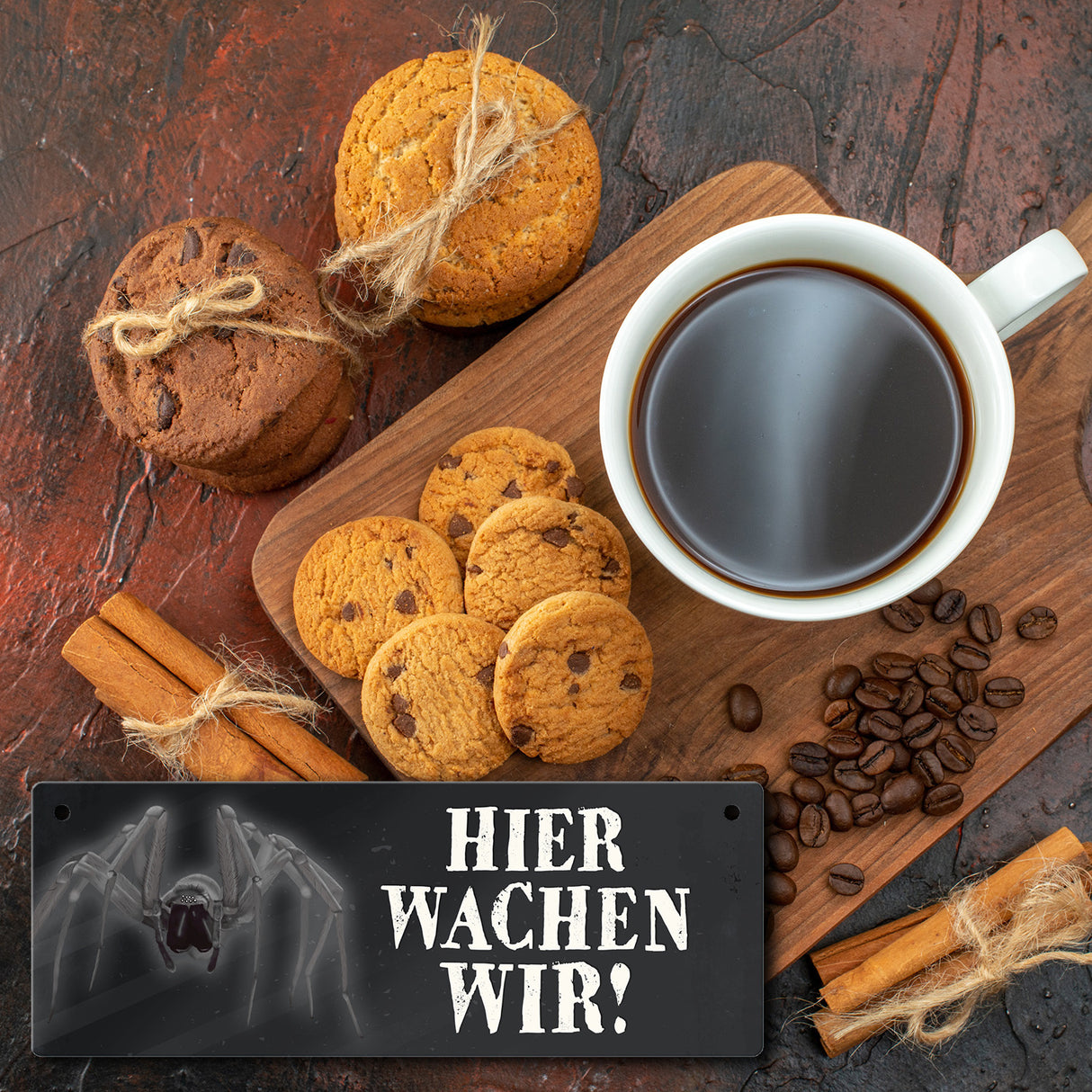 Metallschild mit Spinne Motiv und Spruch: Hier wachen wir!