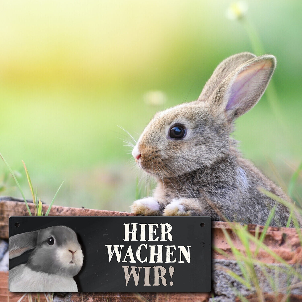 Metallschild mit Hase Motiv und Spruch: Hier wachen wir!