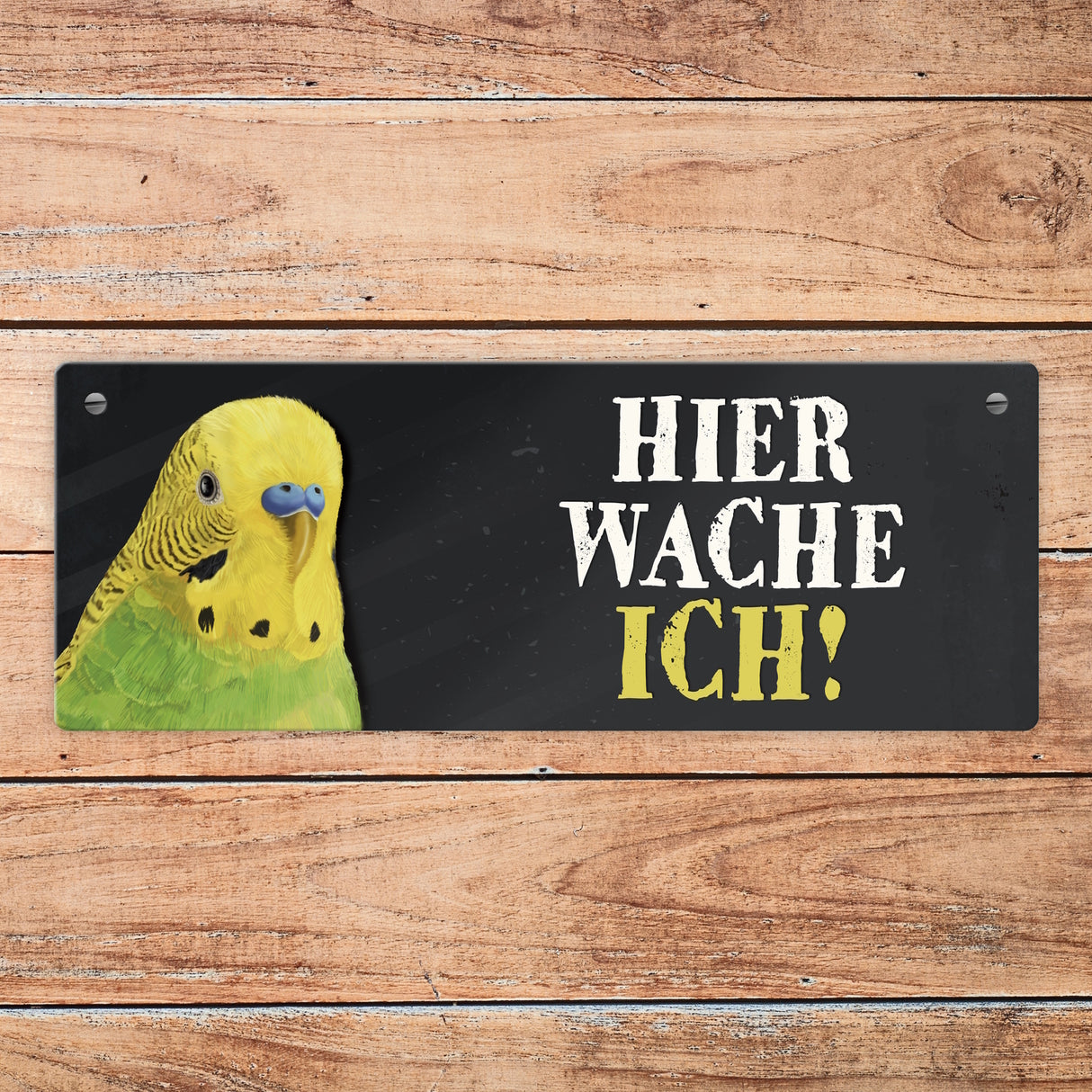 Metallschild mit Wellensittich grün Motiv und Spruch: Hier wache ich!
