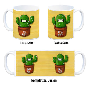 Kaffeebecher mit freundlicher Kaktus Motiv und Spruch: Free Hugs