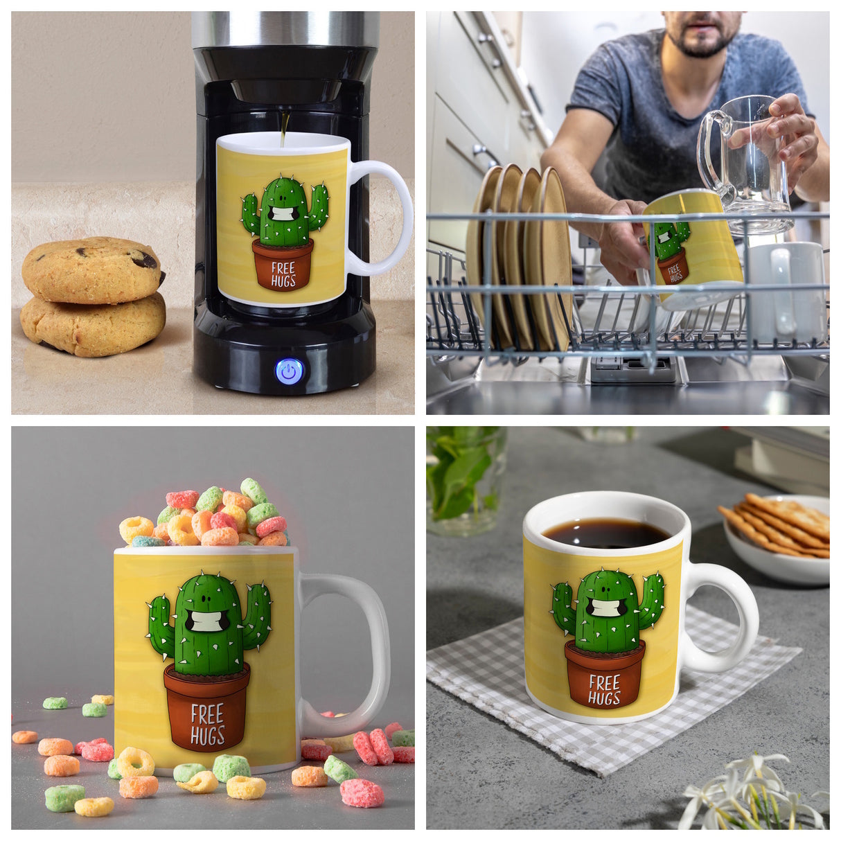Kaffeebecher mit freundlicher Kaktus Motiv und Spruch: Free Hugs