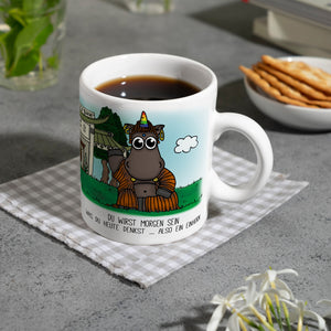 Honeycorns Kaffeebecher mit Einhorn Buddha Motiv und Spruch: Du wirst morgen sein ..