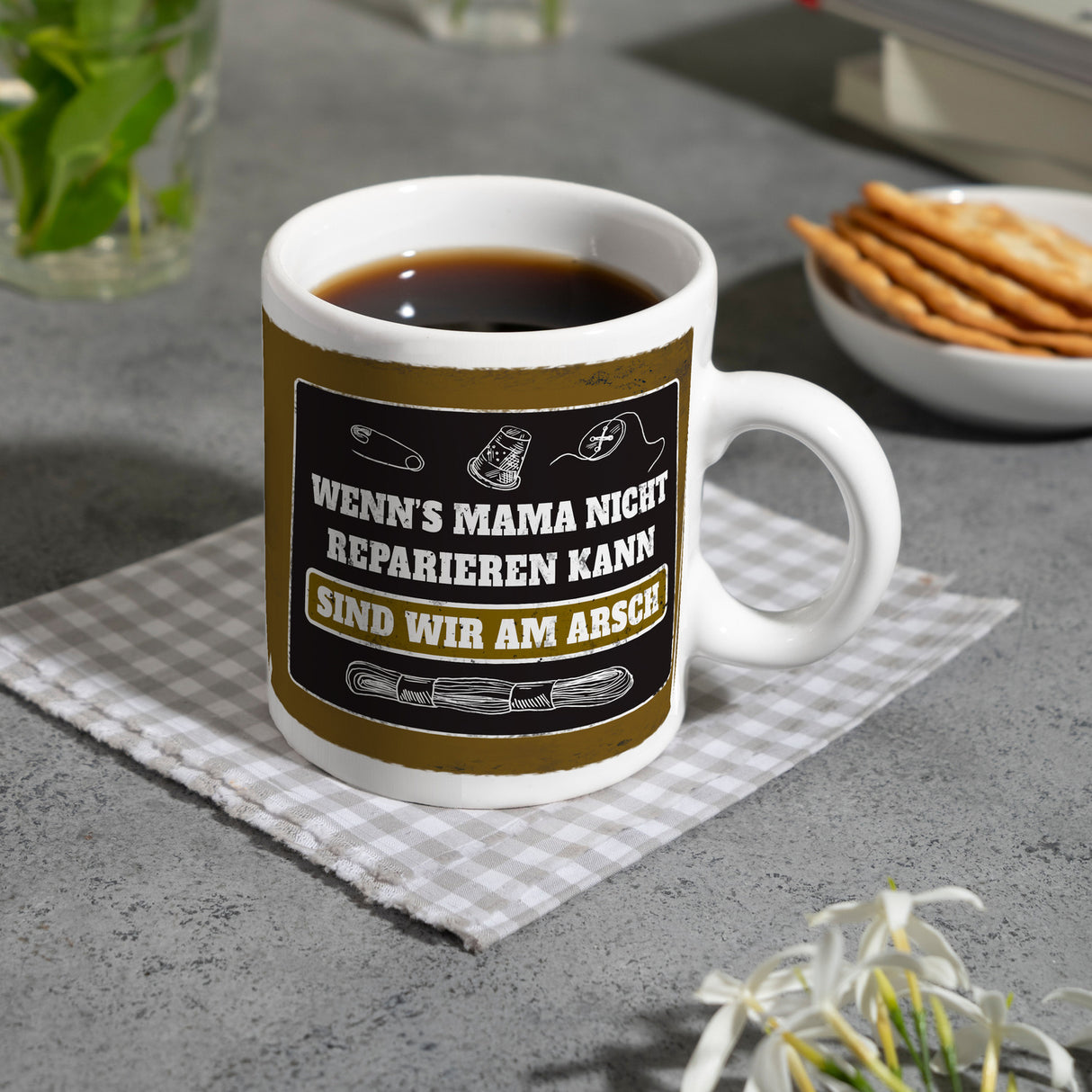Kaffeebecher mit Spruch: Wenn Mama es nicht reparieren ...