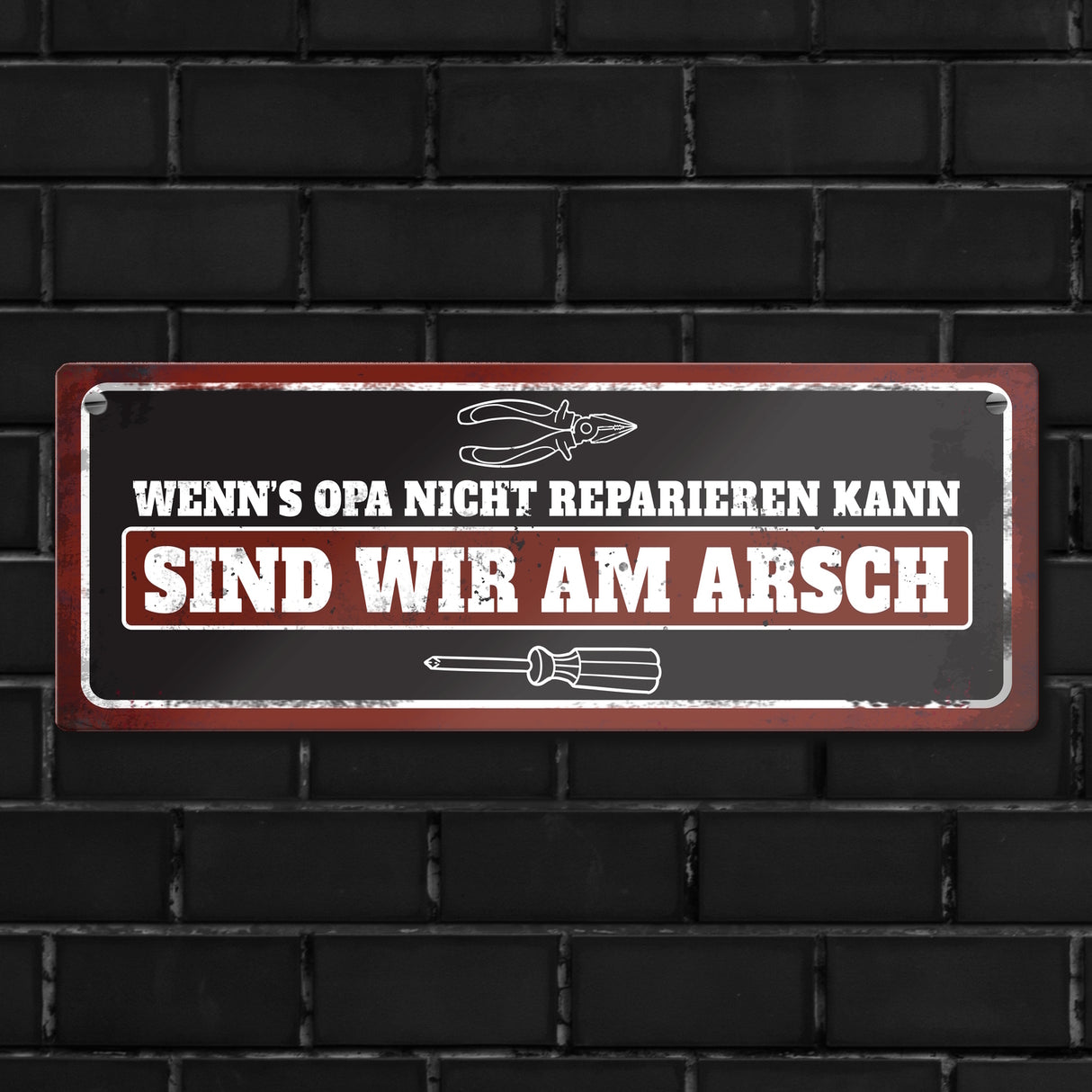 Metallschild mit Werkzeug Motiv und Spruch: Wenn's Opa nicht reparieren kann