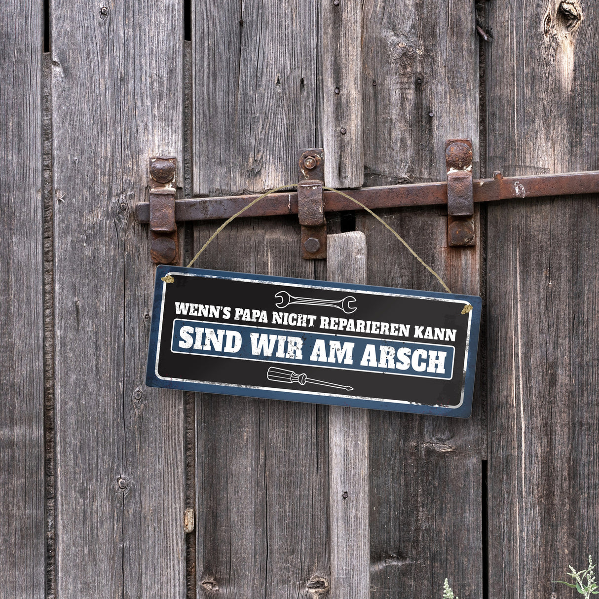 Metallschild mit Werkzeug Motiv und Spruch: Wenn's Papa nicht reparieren kann