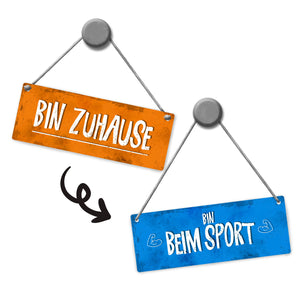Bin beim Sport - Bin Zuhause Wendeschild mit Kordel