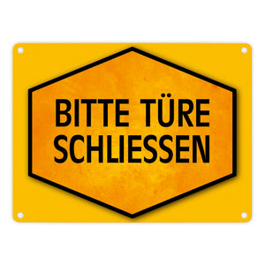 Bitte Türe schließen Warn- und Hinweisschild in Gelb und Schwarz