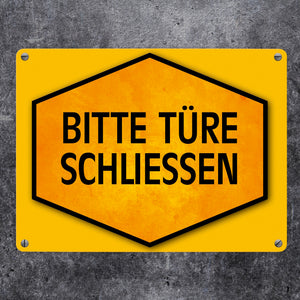Bitte Türe schließen Warn- und Hinweisschild in Gelb und Schwarz