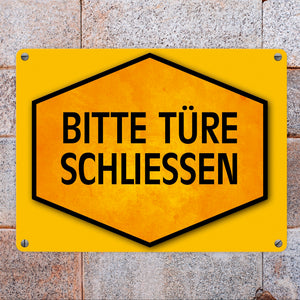 Bitte Türe schließen Warn- und Hinweisschild in Gelb und Schwarz