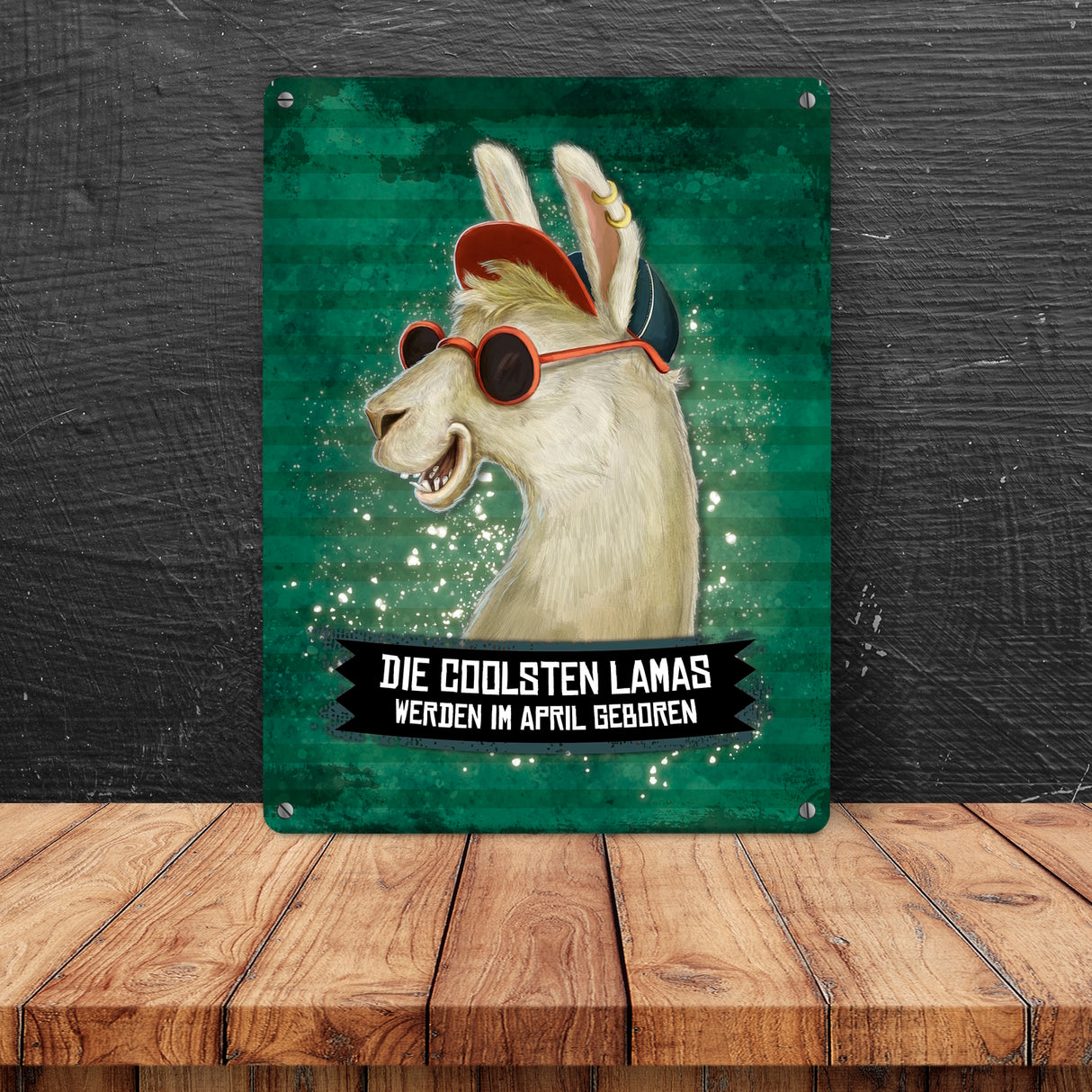 Metallschild mit Spruch: Die coolsten Lamas werden im April geboren