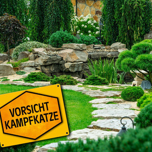 Vorsicht Kampfkatze Warn- und Hinweisschild in Gelb und Schwarz