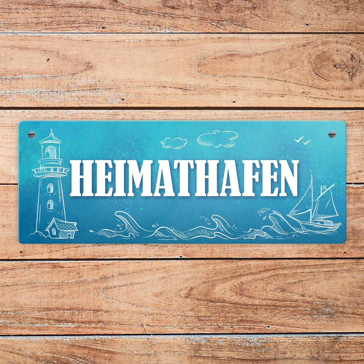 Metallschild mit maritimen Motiv und Spruch: Heimathafen