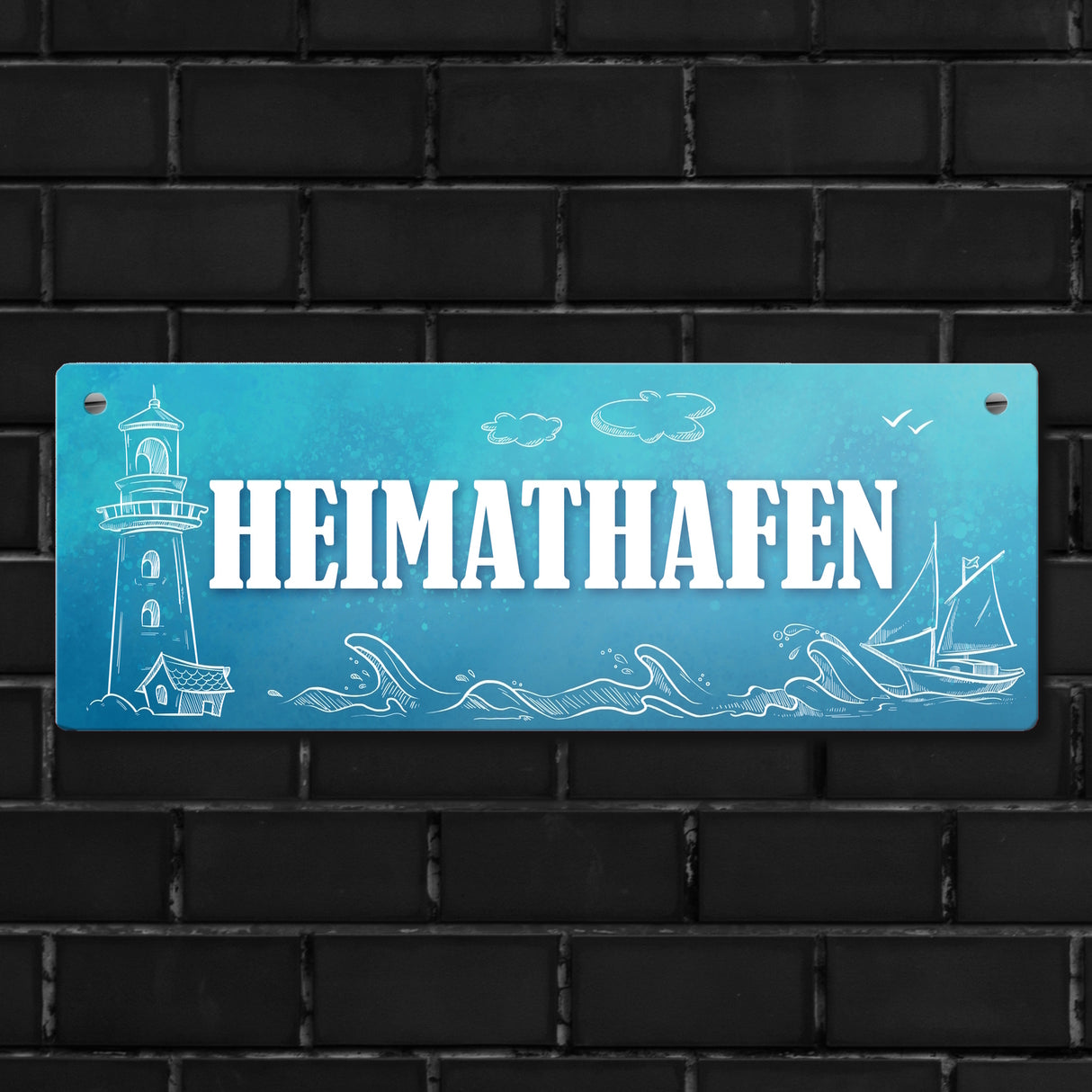 Metallschild mit maritimen Motiv und Spruch: Heimathafen