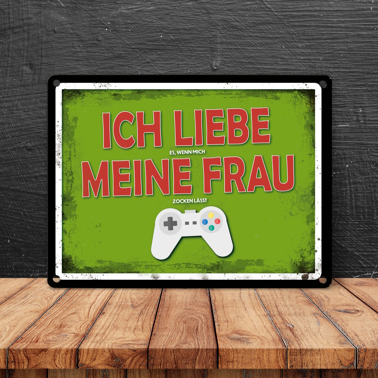 Metallschild mit Zocker Motiv und Spruch: Ich liebe meine Frau