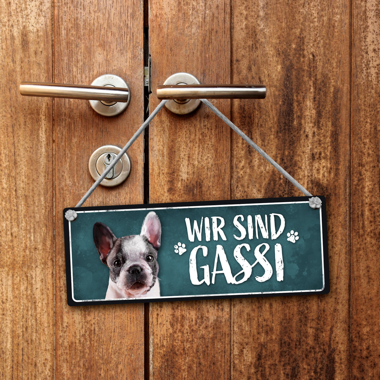 Wir sind Gassi/Zuhause - Französische Bulldogge Wendeschild mit Kordel