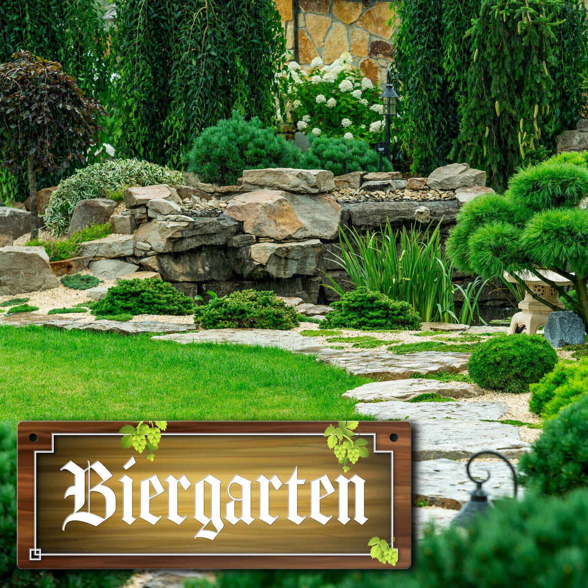 Biergarten Metallschild in Holz-Optik und Hopfen Motiv