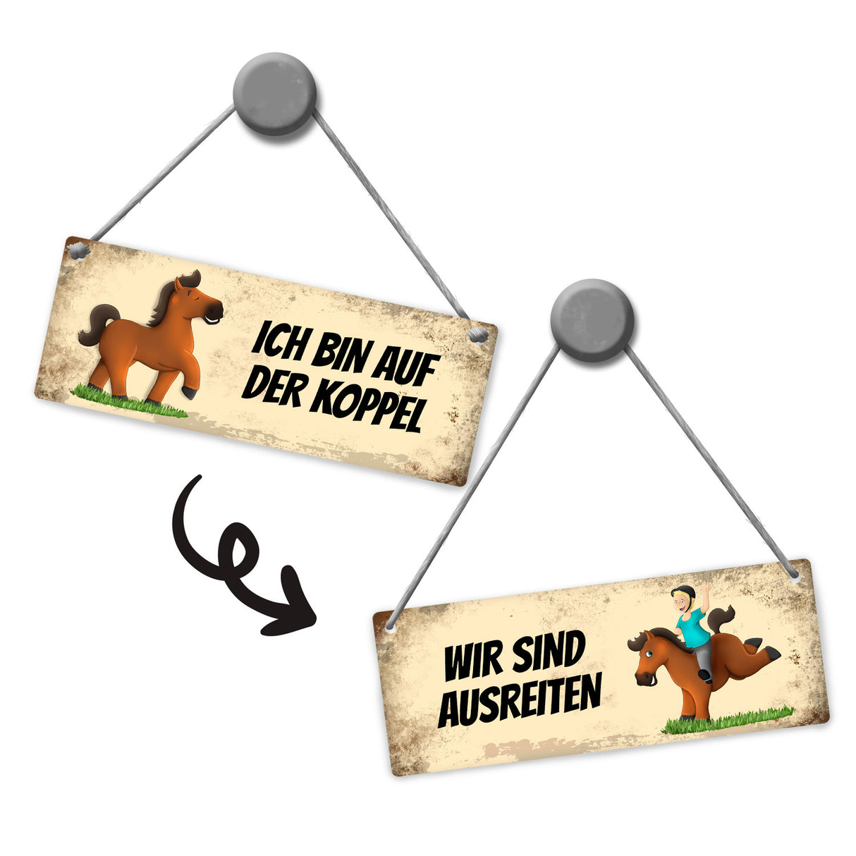 Braunes Pferd ist auf der Koppel oder ausreiten Wendeschild mit Kordel