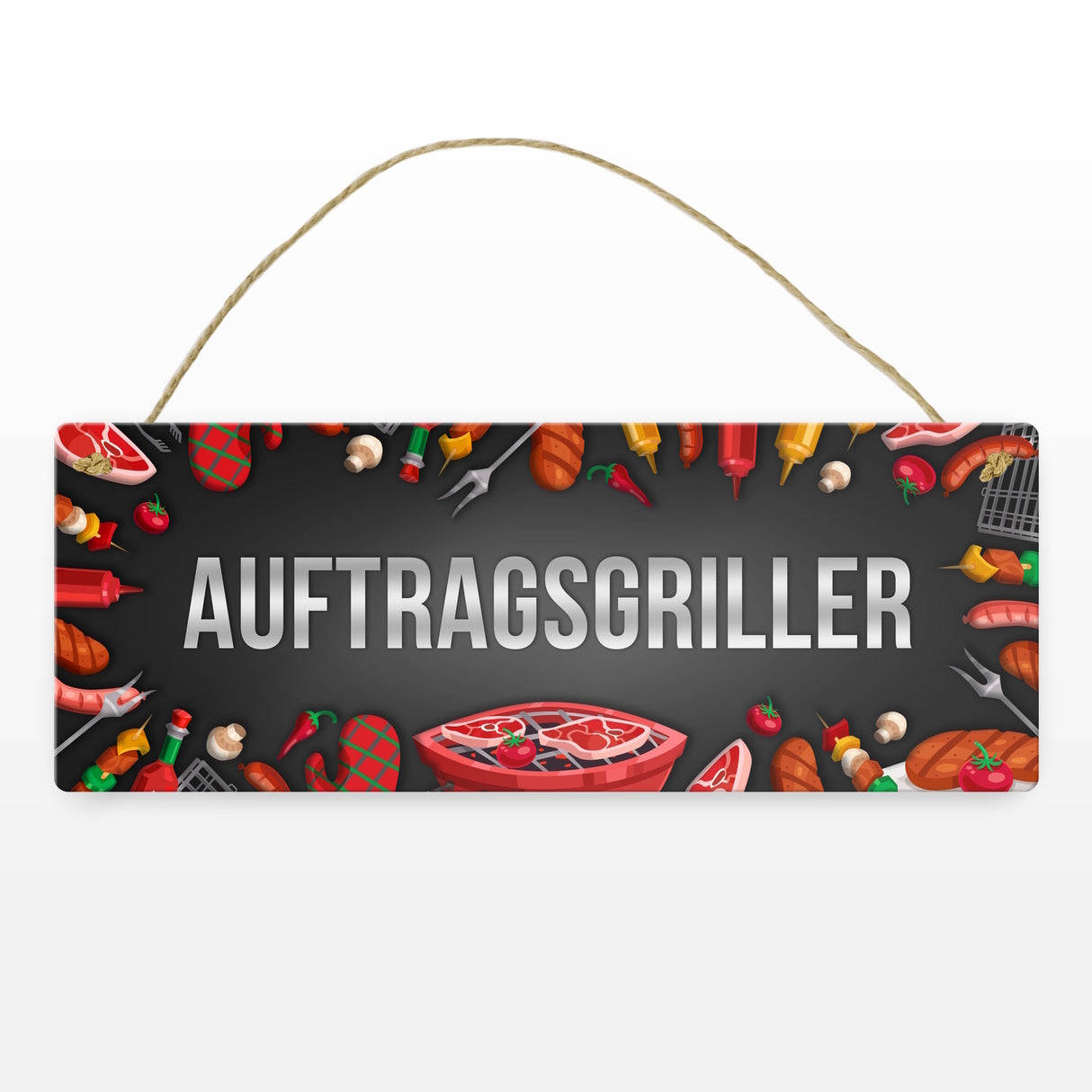 Grill Metallschild mit Barbecue Motiv und Spruch: Auftragsgriller