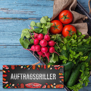 Grill Metallschild mit Barbecue Motiv und Spruch: Auftragsgriller