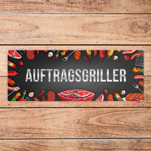 Grill Metallschild mit Barbecue Motiv und Spruch: Auftragsgriller
