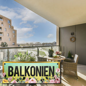 Urlaub Metallschild mit Blumen Motiv und Spruch: Balkonien