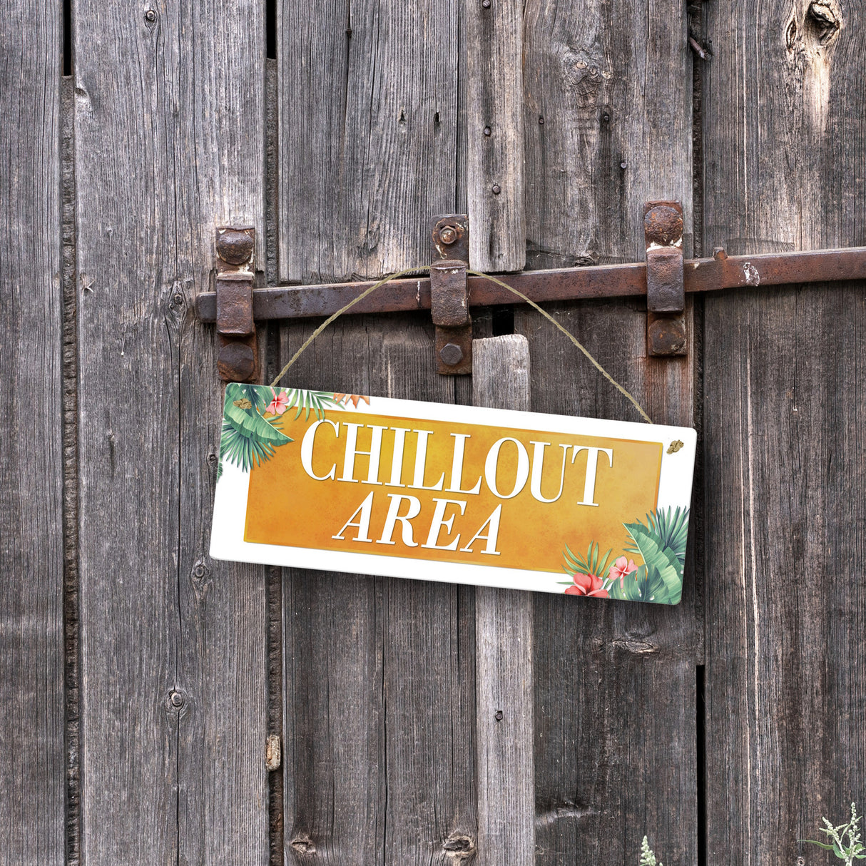 Entspannung Metallschild mit Palmen Motiv und Spruch: Chillout Area