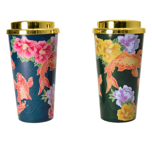 Koi Thermobecher mit Blumen in gelb und lila