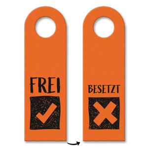 Besetzt oder Frei Türhänger in Orange mit Symbolen für die Toilettentür