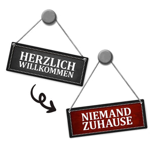 Niemand Zuhause oder Willkommen Wendeschild mit Kordel in Rot und Grau