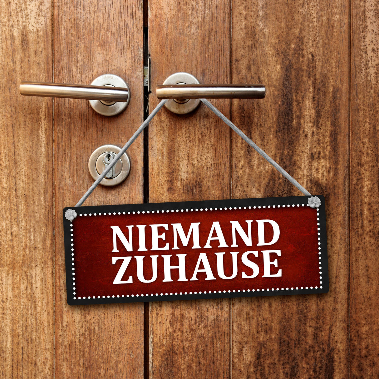 Niemand Zuhause oder Willkommen Wendeschild mit Kordel in Rot und Grau