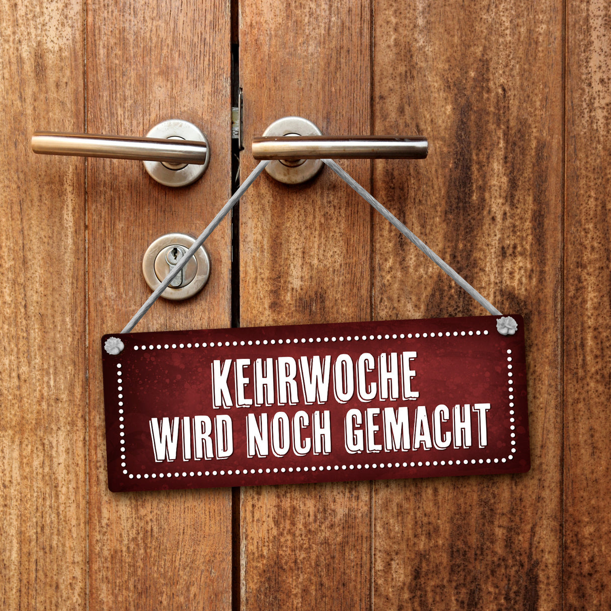 Kehrwoche wird noch gemacht oder ist erledigt Wendeschild mit Kordel in Rot-gelb
