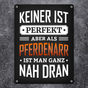 Metallschild mit Spruch: Keiner ist perfekt, aber als Pferdenarr ist man ganz nah dran