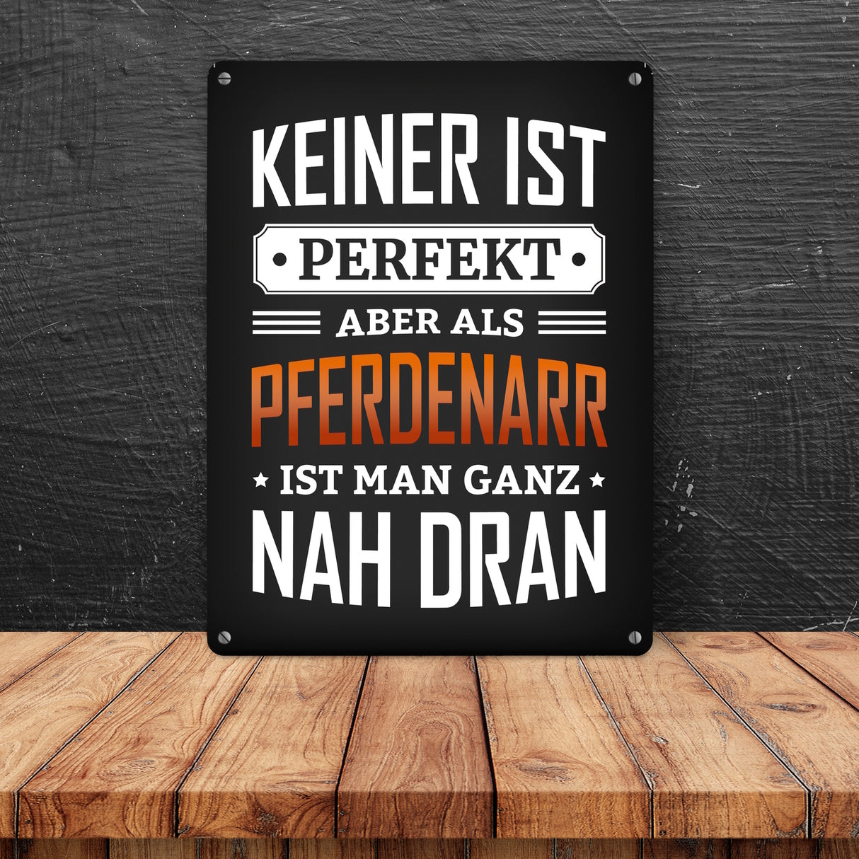 Metallschild mit Spruch: Keiner ist perfekt, aber als Pferdenarr ist man ganz nah dran