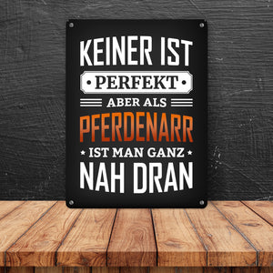 Metallschild mit Spruch: Keiner ist perfekt, aber als Pferdenarr ist man ganz nah dran