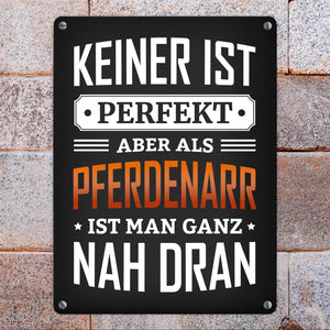 Metallschild mit Spruch: Keiner ist perfekt, aber als Pferdenarr ist man ganz nah dran