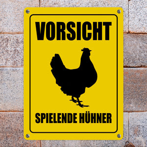 Vorsicht spielende Hühner Metallschild mit Huhn Motiv