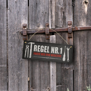 Werkstatt Metallschild mit Spruch: Regel Nr. 1 Finger weg vom Werkzeug