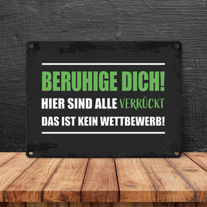 Beruhige dich! Hier sind alle verrückt… Metallschild