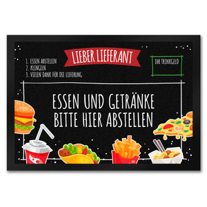 Lieber Lieferant Fußmatte mit Fast Food Motiv und Trinkgeld-Feld für den Pizzaboten