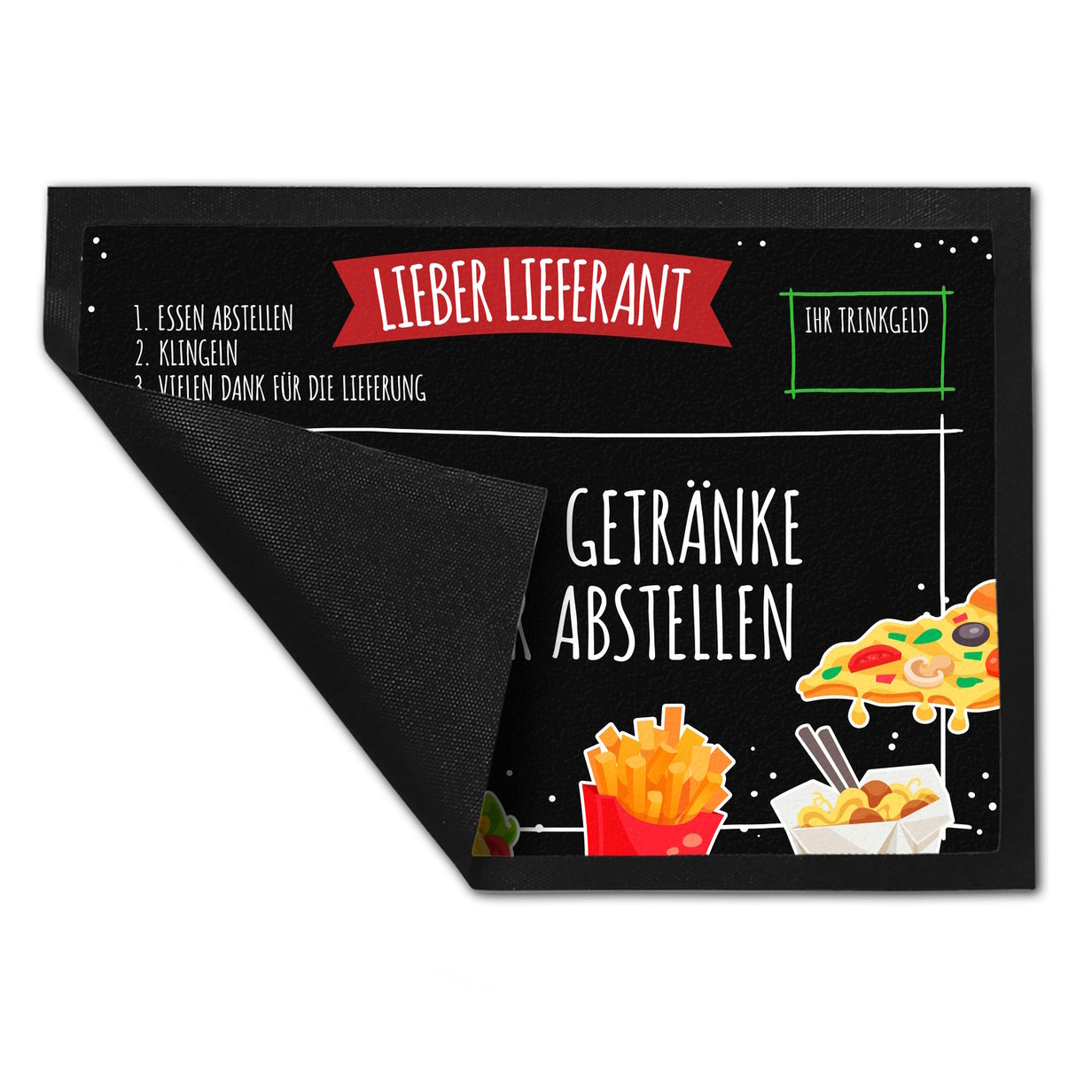 Lieber Lieferant Fußmatte mit Fast Food Motiv und Trinkgeld-Feld für den Pizzaboten