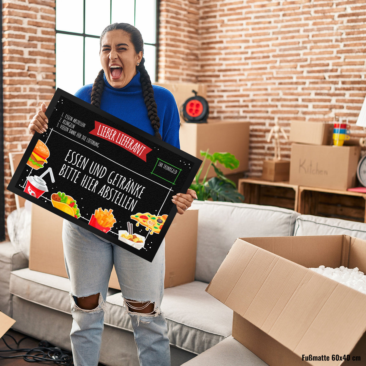 Lieber Lieferant Fußmatte mit Fast Food Motiv und Trinkgeld-Feld für den Pizzaboten