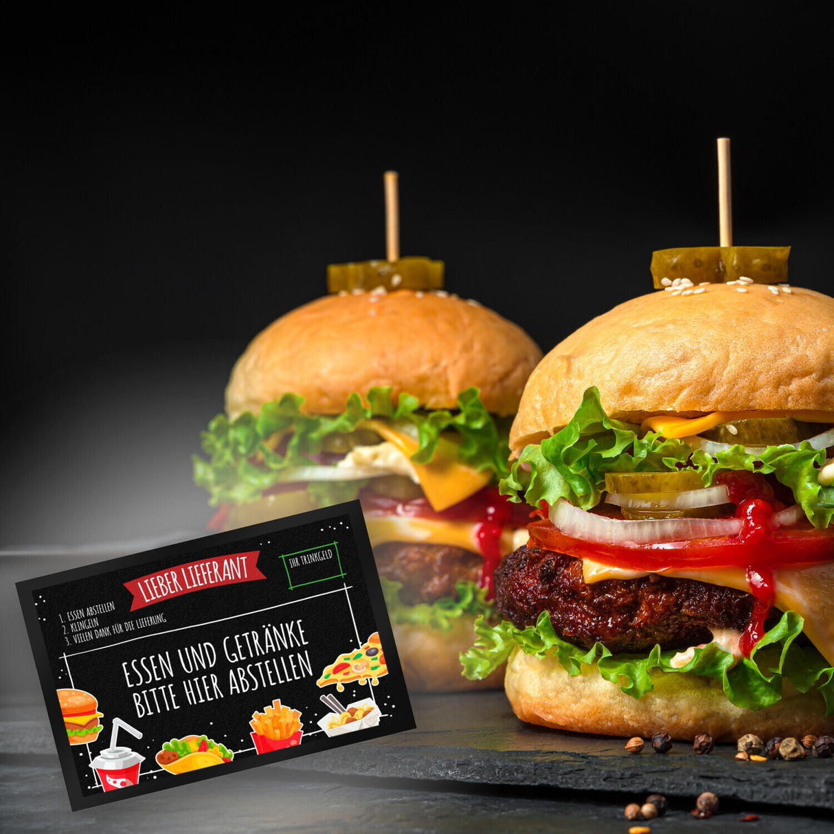 Lieber Lieferant Fußmatte mit Fast Food Motiv und Trinkgeld-Feld für den Pizzaboten