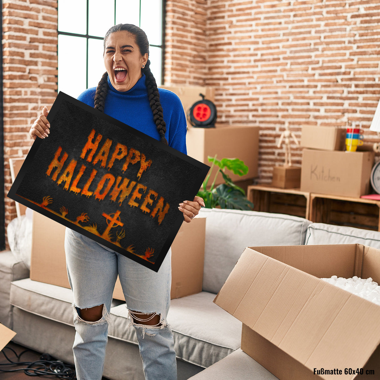 Happy Halloween Fußmatte mit Friedhof Motiv
