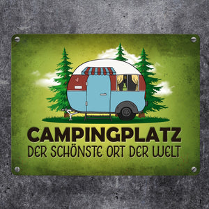 Campingplatz Metallschild mit Wohnwagen Motiv Wohnmobil Urlaub Hobby Natur Ort