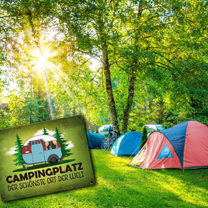 Campingplatz Metallschild mit Wohnwagen Motiv Wohnmobil Urlaub Hobby Natur Ort